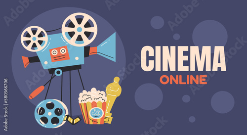 Cinema online movie film 3D promotion background poster cover concept. Vector graphic design illustration element