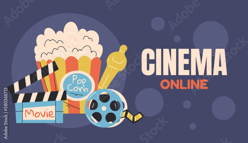 Cinema online movie film 3D promotion background poster cover concept. Vector graphic design illustration element