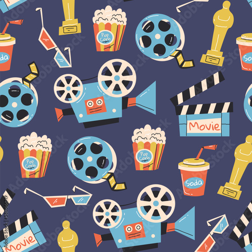 Cinema movie popcorn seamless pattern background concept. Vector graphic design illustration element