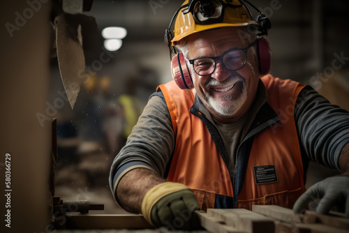 Retrato de hombre obrero maduro, en una fábrica, contento, con casco de seguridad y ropa de trabajo. photo