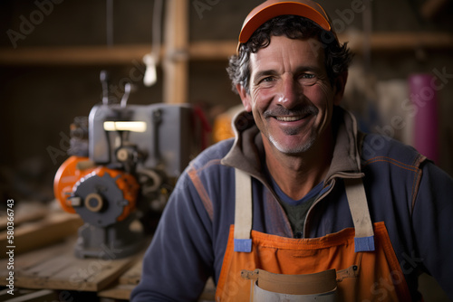 Retrato de hombre obrero maduro, en una fábrica, contento, con casco de seguridad y ropa de trabajo. photo