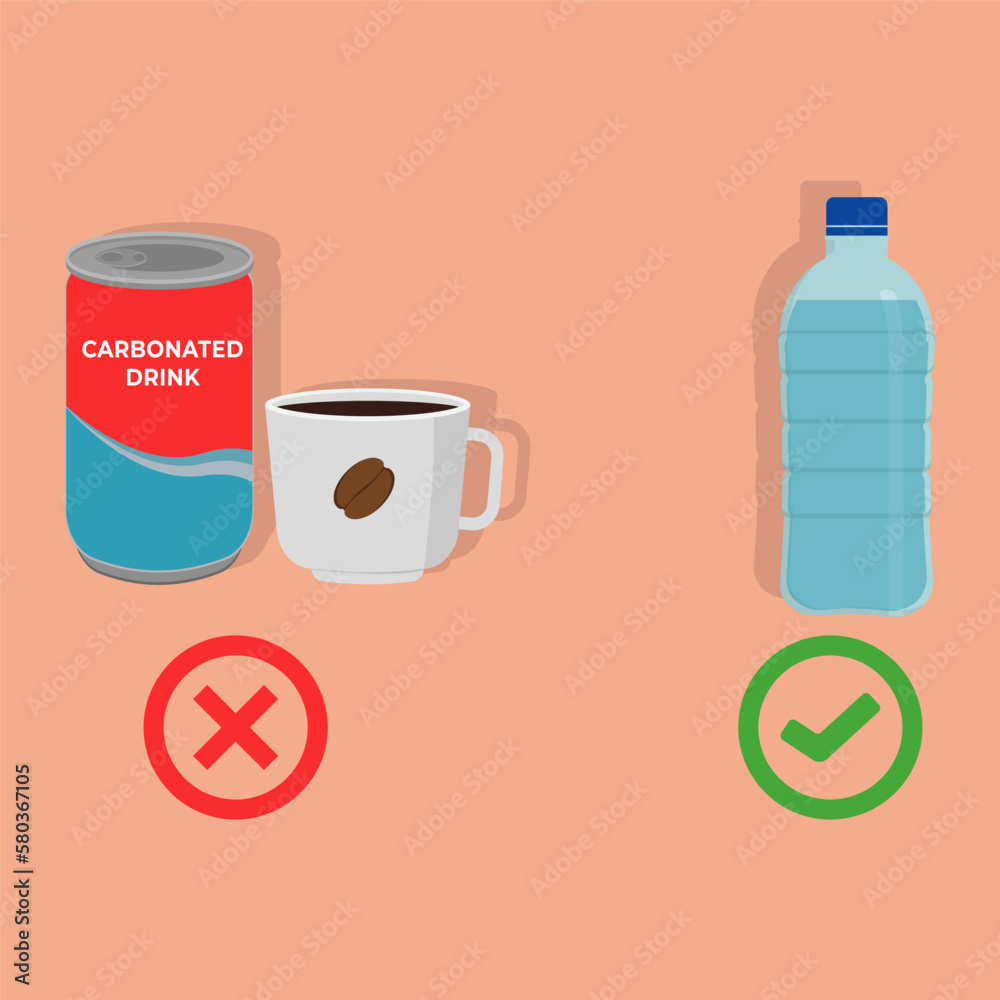 illustration of drinking mineral water is better than carbonated drinks and coffee , bottled mineral water versus canned carbonated drinks and coffee or unhealthy drinks ,flat design vector illustration of drinking mineral water is better than carbonated drinks and coffee , bottled mineral water versus canned carbonated drinks and coffee or unhealthy drinks ,flat design vector