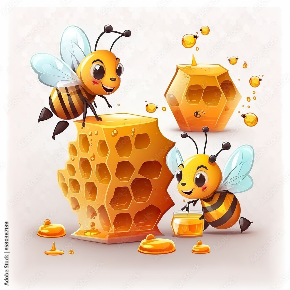 cartoon illustration of bee and honey with white background ai