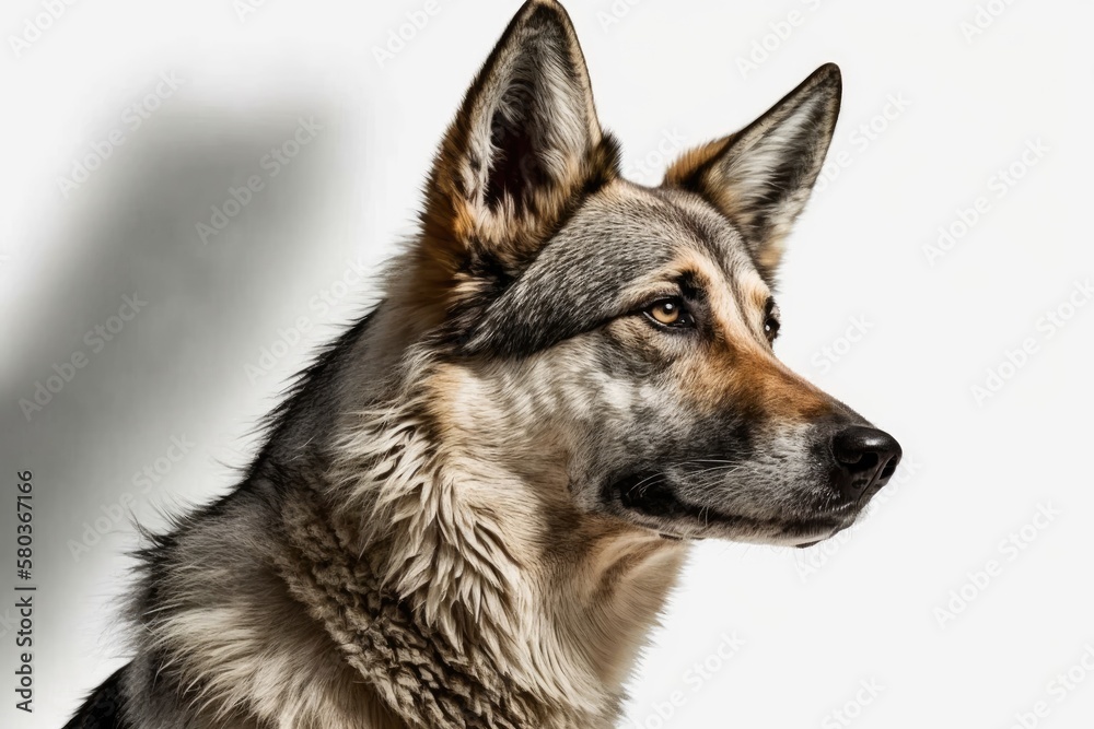 Beautiful American wolfdog, posing sideways, with its head bowed and its eyes fixed on the camera. tongue licking mouth. on a white backdrop, alone. Generative AI