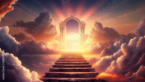 Stairway among evening clouds leading to Heaven. Based on Generative AI
