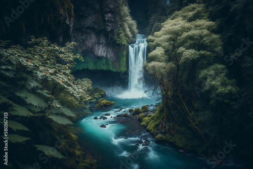 Majestic waterfall cascading down a rocky cliff  surrounded by lush green trees and vegetation. The water is a vibrant shade of blue  and mist rises up from the base of the falls.