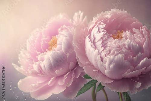 Fototapeta Naklejka Na Ścianę i Meble -  Bouquet of pink peonies covered with dew drops. Photorealistic illustration generative AI.