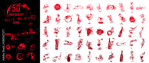 50 high quality wine icons set -  Art for menu, shop, market or sale. Bonus wine stains. Sketchy collection of grape leaves and different wine elements.