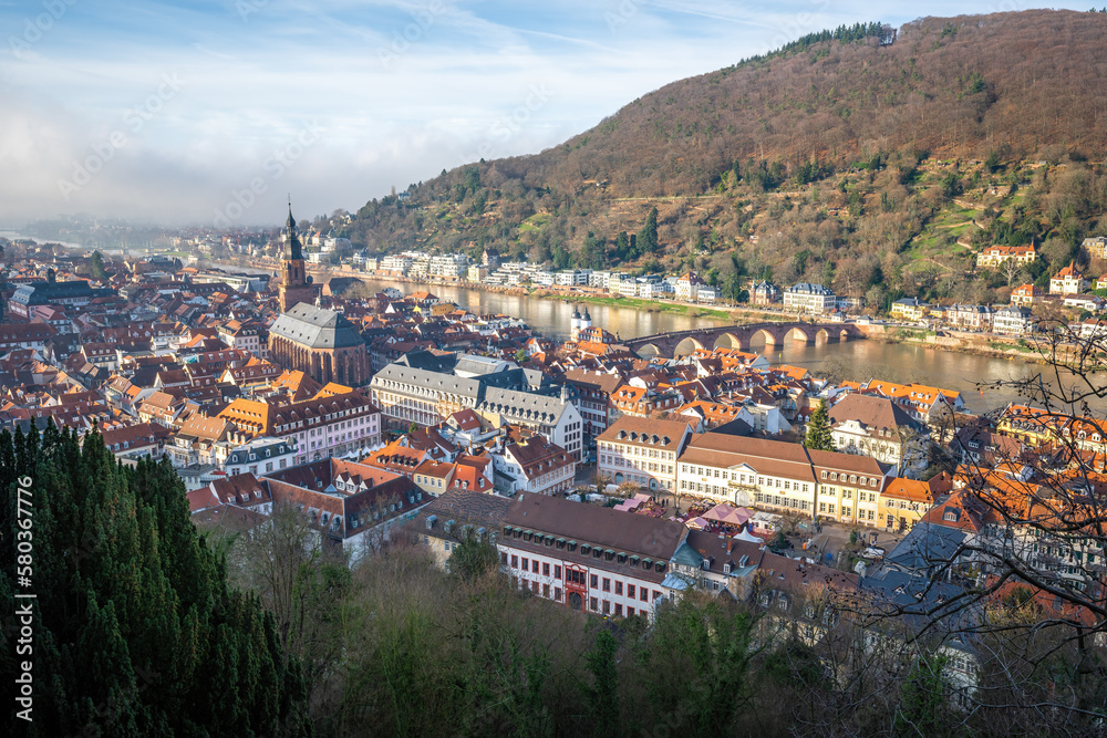 Aerial view of Heidelberg old town with Church of the Holy Spirit (Heiliggeistkirche) and Old Bridge (Alte Brucke) - Heidelberg, Germany