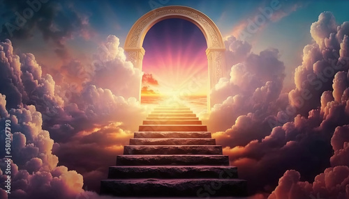 Stairway among evening clouds leading to Heaven. Based on Generative AI