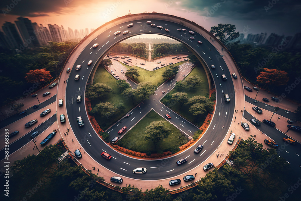 Top view of car traffic on multi-lane highways or expressways, traffic in roundabouts is part of everyday life. AI generated illustration.