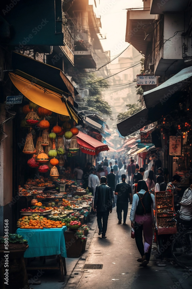 Bustling City Street Filled with Vendors and Colorful Storefronts