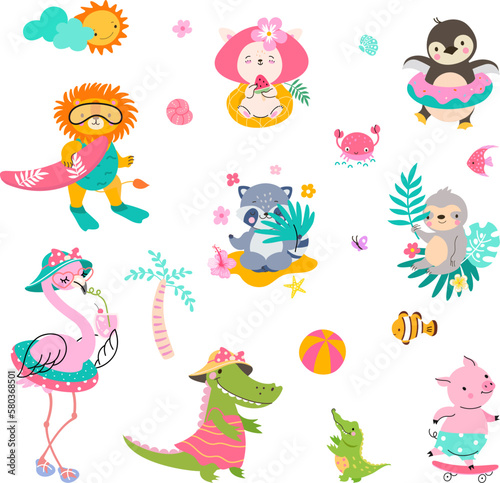Animals summer activities, animal surfer and vacation on beach. Cute lion sloth and crocodiles resting, play ball and eating sweets, nowaday funny vector clipart