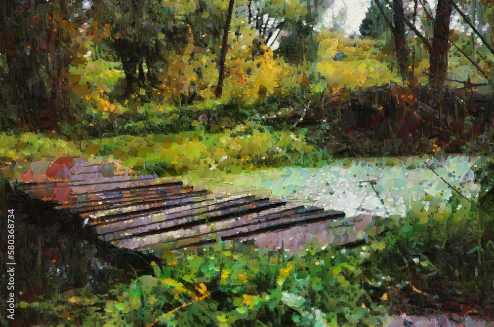 Fototapeta premium Wooden bridge over the river, surrounded by trees. Landscape with a palette knife