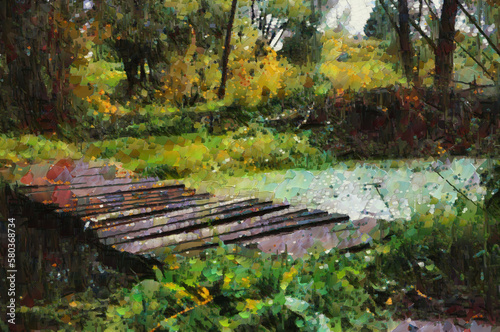 Wooden bridge over the river, surrounded by trees. Landscape with a palette knife