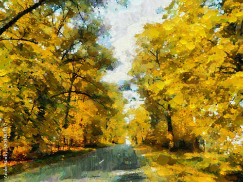 Landscape with a palette knife. Autumn road surrounded by golden trees. Bright sunny day