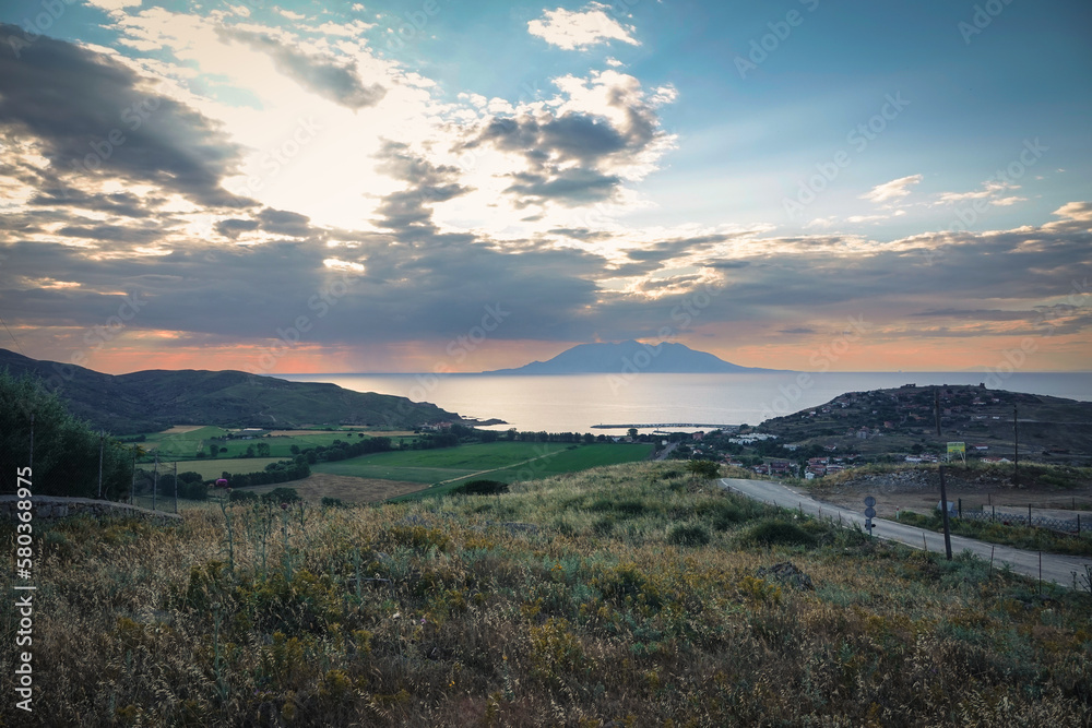 View of Kalekoy village and Samothrace, the Greek island, from Gökçeada Old Bademli village Imbros Gokceada, Çanakkale Turkey