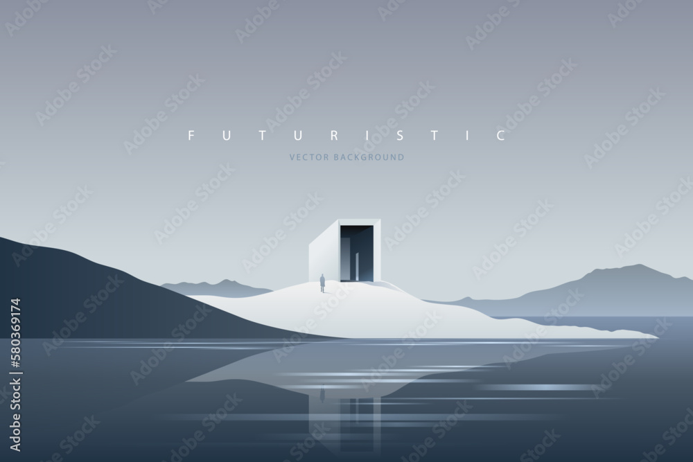 Futuristic technology background with a lonely figure. Sci-Fi poster. Minimal mountain landscape. Abstract art wallpaper for web, prints, art decoration and applications. Vector illustration Futuristic technology background with a lonely figure. Sci-Fi poster. Minimal mountain landscape. Abstract art wallpaper for web, prints, art decoration and applications. Vector illustration