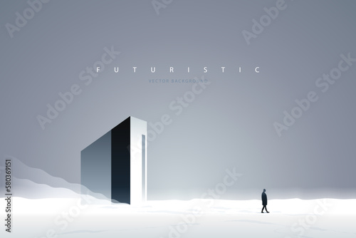 Futuristic technology background with a lonely figure. Sci-Fi poster. Minimal mountain landscape.  Abstract art wallpaper for web, prints, art decoration and applications. Vector illustration