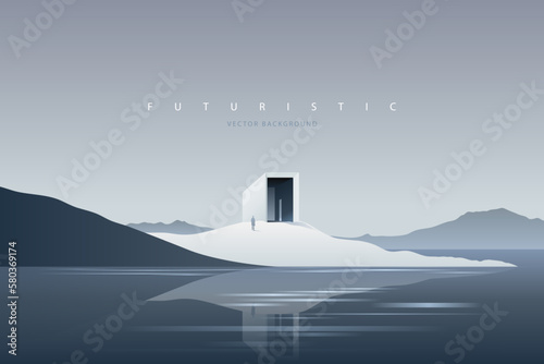 Futuristic technology background with a lonely figure. Sci-Fi poster. Minimal mountain landscape.  Abstract art wallpaper for web, prints, art decoration and applications. Vector illustration