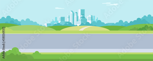 Beautiful summer or spring outdoors urban city park. Panoramic cityscape concept horizontal banner vector illustration