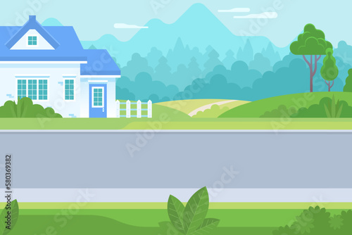 Beautiful summer or spring outdoors urban city park. Panoramic cityscape concept horizontal banner vector illustration