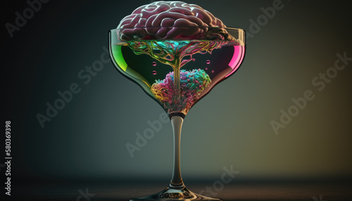 Brain in a glass of alcohol, the concept of harm to alcohol and alcohol dependence created with generative AI technology