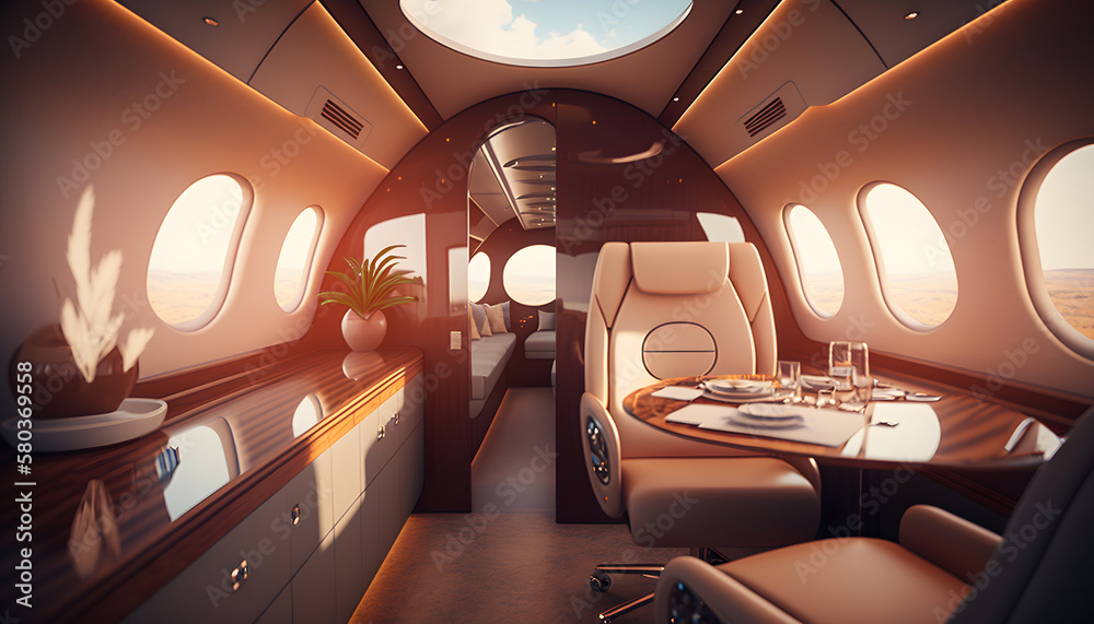 luxury interior in private modern business jet and sunlight in porthole ...