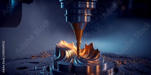 CNC turning drill milling factory processes steel turbine part process. Metal machine tools industry banner. Generation AI