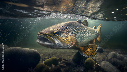 Predatory fish salmon trout in habitat under water looking for prey. Sport fishing concept. Generation AI