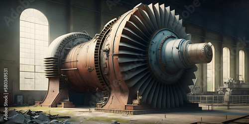 Turbine shop of energy power generation station. Disassembled turbine for repair and inspection. Generation AI. photo