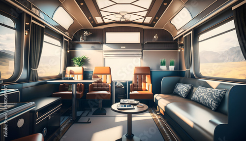 luxury interior in private modern business train railway and sunlight in window. Generation AI © Adin