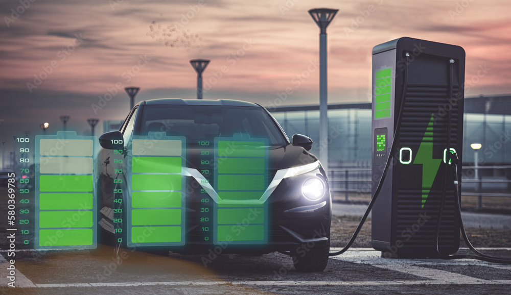 Charging hybrid EV. Charge battery of new electric vehicle. Green eco carbon free technology concept Charging hybrid EV. Charge battery of new electric vehicle. Green eco carbon free technology concept