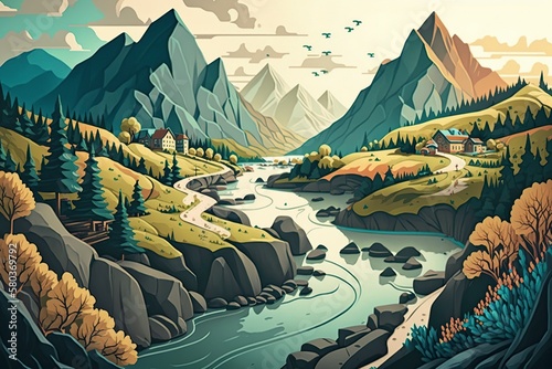 cartoon illustration  a river running through a commune  ai generative