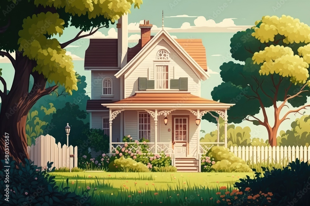 A charming two story suburban home with a porch that is surrounded by lush vegetation and a summer cottage. Land for sale. flat, bright, cartoon style. Generative AI