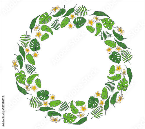 Round frame with bright tropical leaves and frangipani flowers. Indonesian plumeria flowers. Vector illustration in a flat style.