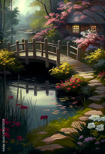 Tranquil Garden with a Pond  Blooming Flowers  and a Wooden Bridge