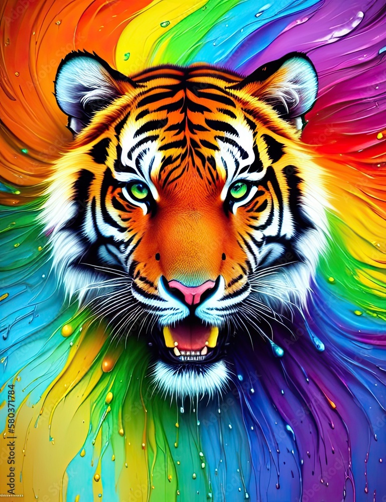 Tiger with rainbow splashes of colors in background