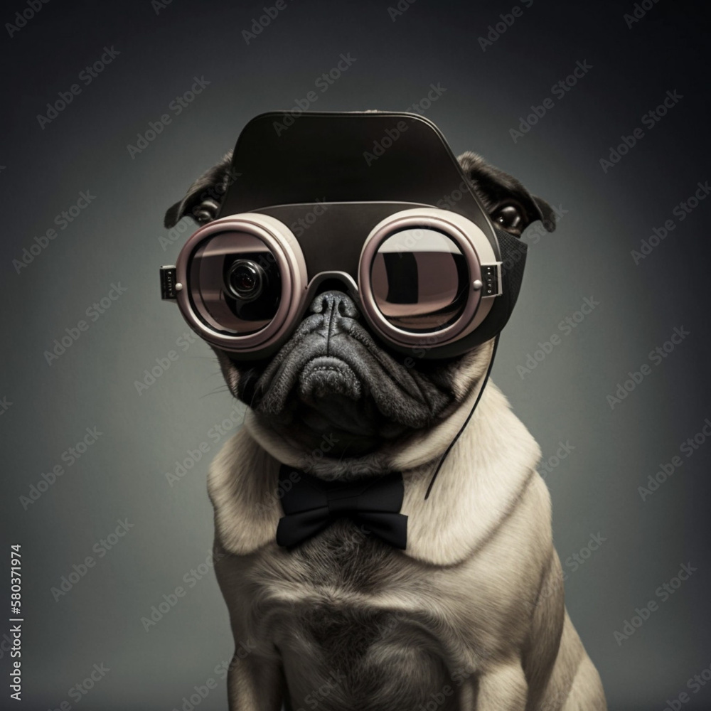 Fashionable pug dog wearing modernized VR headset.