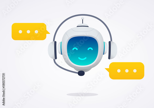 Chat bot in headphones, robot assistant for customer support. Concept of virtual consultant for receiving help and providing information.