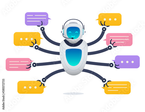 Chat bot, robot assistant for customer support. Concept of virtual consultant for receiving help and providing information.