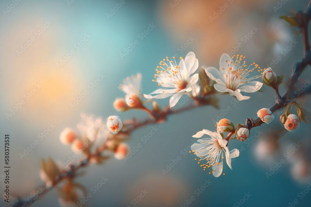 Abstract nature composition showcasing beautiful apricot blooms against a serene light blue sky. Soft focus adds a dreamy touch. Generative AI