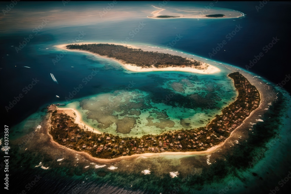Aerial image of the ocean and the Gili islands. Islands of Gili Air, Meno, and Trawangan. Generative AI