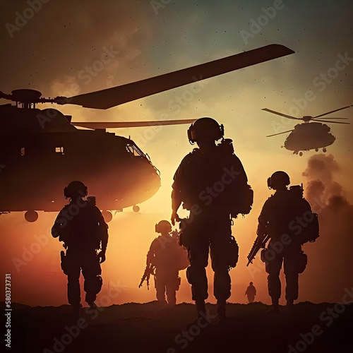 Military silhouettes on sunset sky background