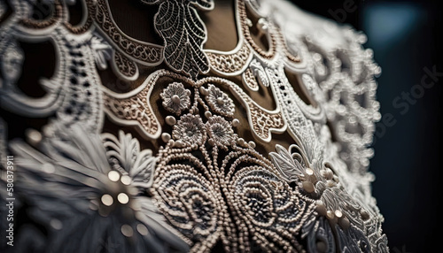 Close up of lace ornaments on a bridal dress. Created with Generative AI