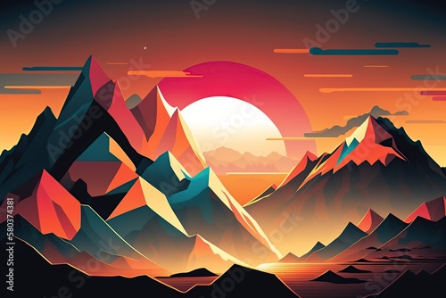 cartoon illustration  sunrise over the mountain peaks  generative ai