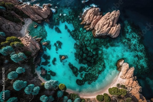 A breathtaking aerial picture of a green and rocky beach drenched in blue, crystal clear water can be seen from above. Italy's Sardinia, Liscia Ruja, and Costa Smeralda. Generative AI photo