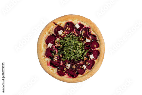 Fotografie Pizza with Beetroot, Feta and Arugula on Rustic Table