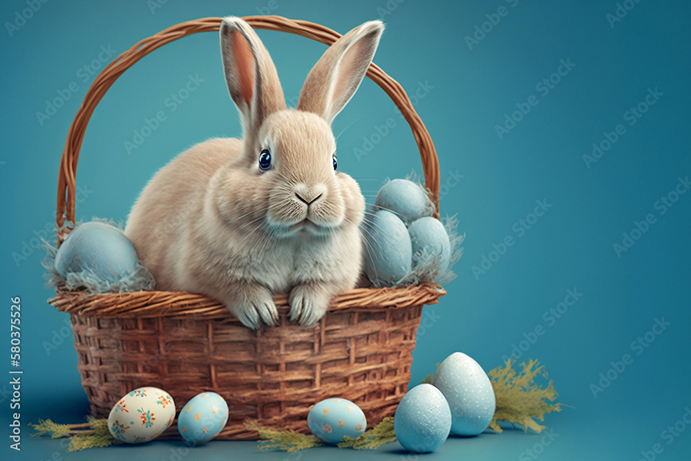 Easter Bunny Holding Basket Of Eggs On Soft Blue Background, Easter Bunny With Easter Eggs In A Basket Illustration On A Soft Blue Background, Generative Ai Easter Bunny Holding Basket Of Eggs On Soft Blue Background, Easter Bunny With Easter Eggs In A Basket Illustration On A Soft Blue Background, Generative Ai
