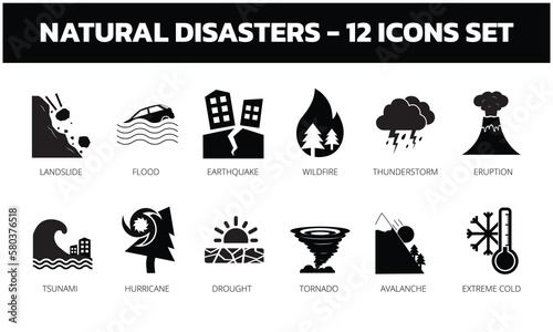 Natural Disasters icon set. Includes icons such as Earthquake, Flood, Tornado, Landslide, Volcano eruption and Drought. Flat editable vector icons.